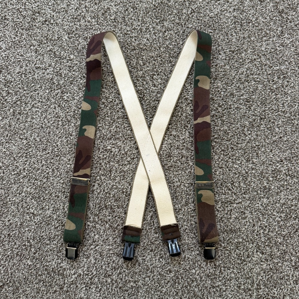 Vintage LL BEAN Elastic Long Green Camo Suspenders Adjustable Clip-on